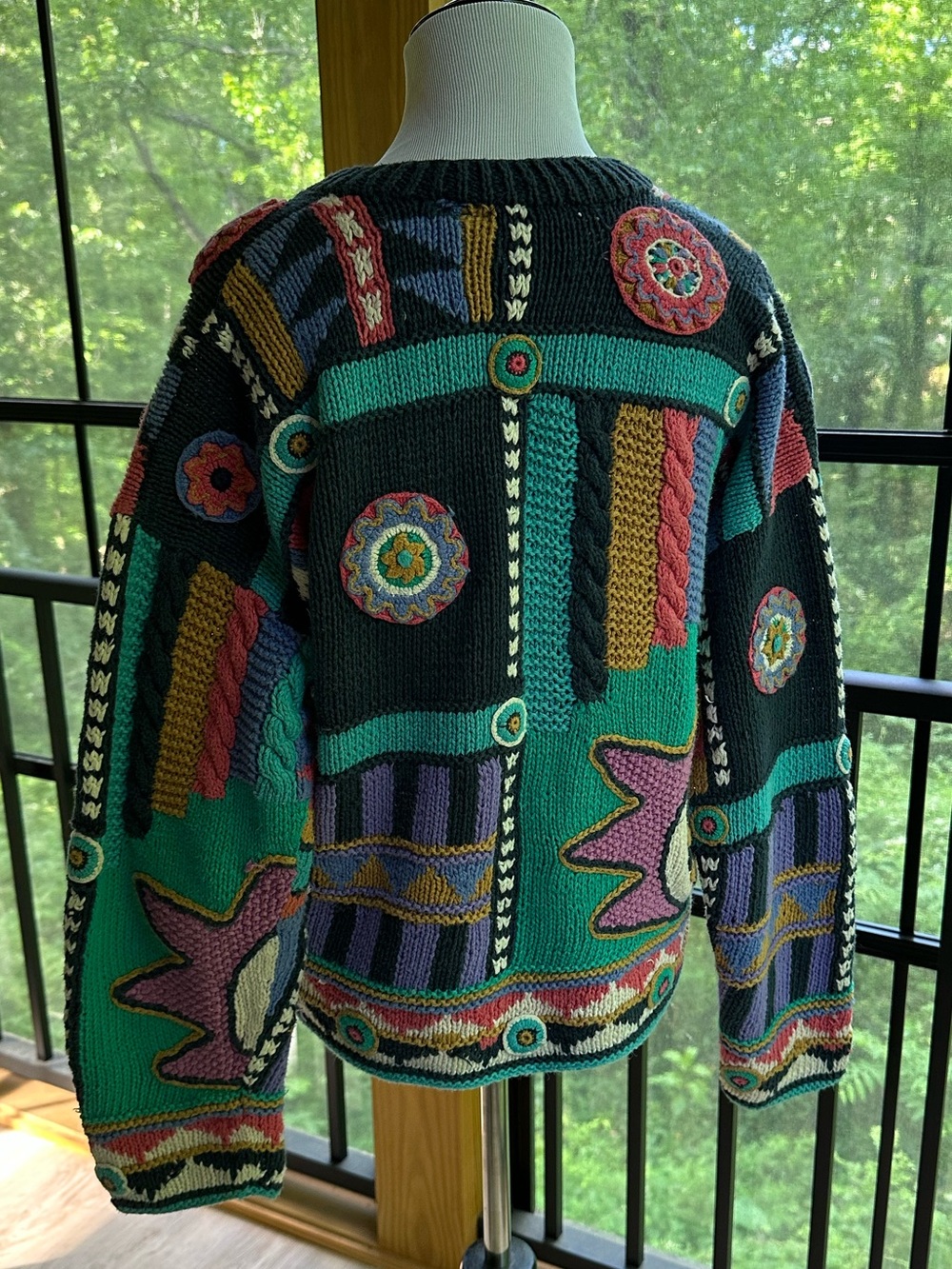 Hand-Knit Patchwork 80s 90s Bold Graphic Quirky Maximalist Oversized Sweater ~ M - Picture 16 of 17